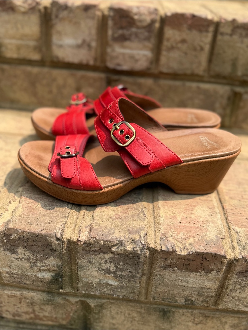 Dansko Jessie Red Leather Double Buckle Comfort Slide Wedge Sandals EU 40 NWOB